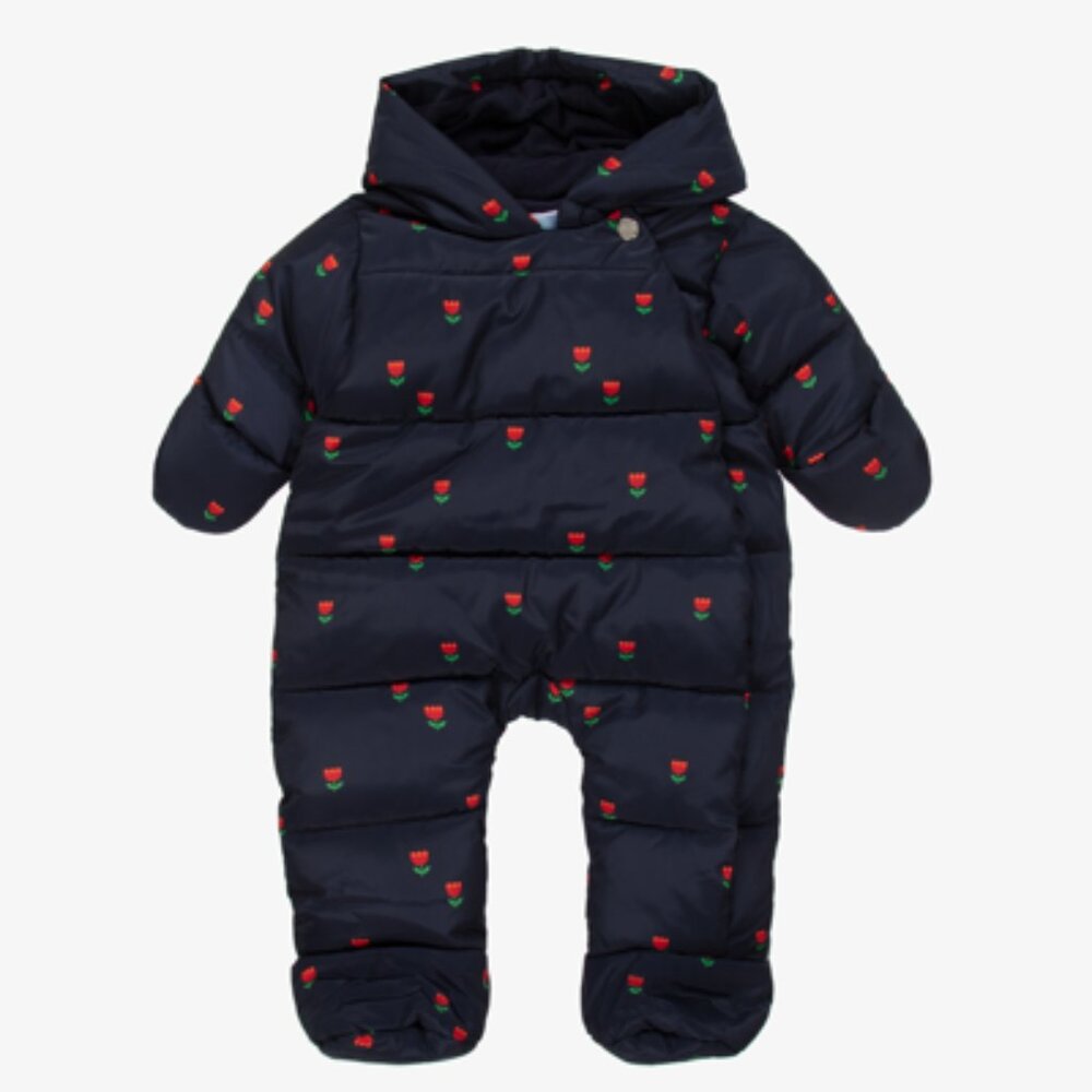 Jacadi Baby pilot snowsuit Puffer Onesie- Navy & red tulips- NWOT - 3M